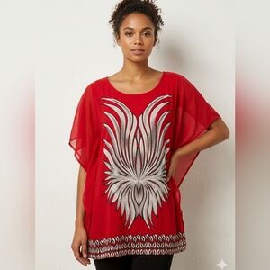 Ameri Mode Red Rhinestone Wing Embellished Tunic Top L/XL